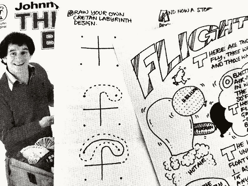 A photo of Think of a Number information sheets (that you had to send off for) on the topics of mazes and flight, on top of Johnny Ball's Think Box book (published by Puffin).